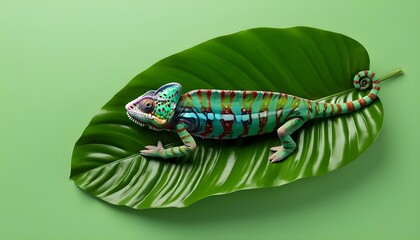 Colorful chameleon resting on vibrant green leaf in a harmonious natural setting