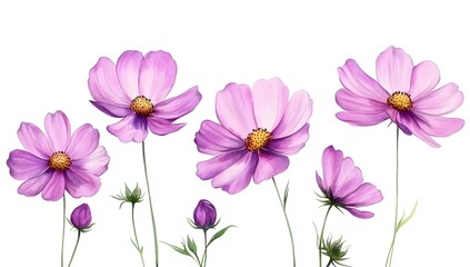 Fototapeta premium Beautiful pink cosmos flowers with a watercolor painting effect on a white background,