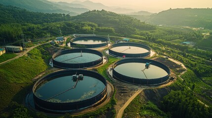 Aerial view of wastewater treatment plant in hilly area at sunrise