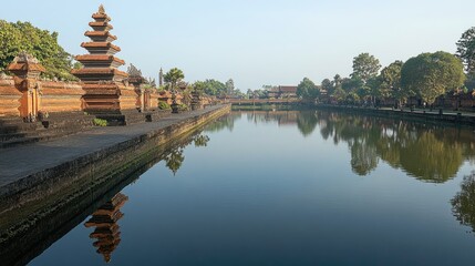 Obraz premium The calm, reflective waters of the moat around Pura Taman Ayun, with the temple towers mirrored on the surface.