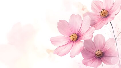 Beautiful pink cosmos flowers with a watercolor painting effect on a white background,