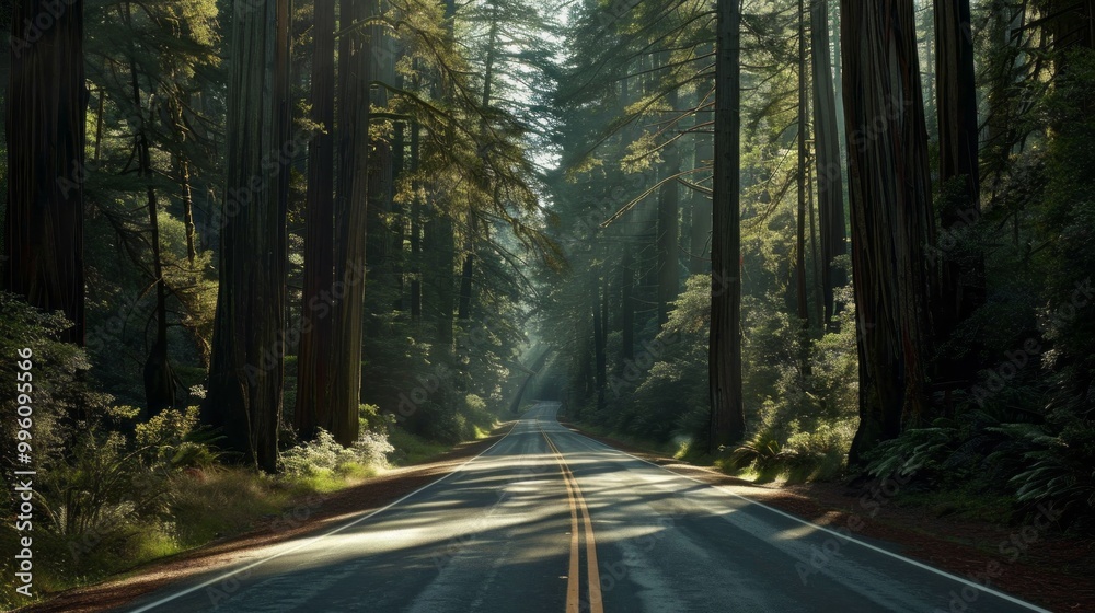 Poster A road with trees on both sides and a yellow line