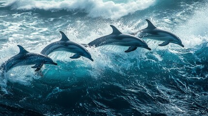 Fototapeta premium A group of dolphins transporting a pod through rough seas, representing a unified transport company