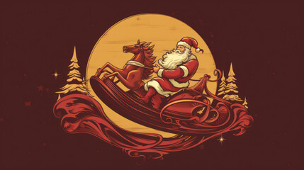 Illustration of Santa Claus riding on his sleigh on a maroon background