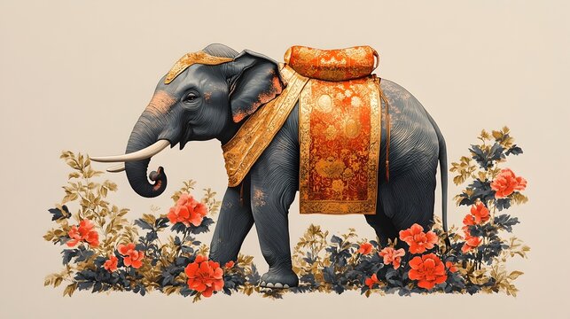 Elephant in Minimalistic Cambodian Sampot with Golden Sashes on Plain Ivory Background