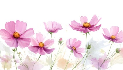 Fototapeta premium Beautiful pink cosmos flowers with a watercolor painting effect on a white background,