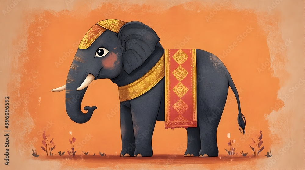 Wall mural Elegant Elephant in Traditional Laotian Costume on Muted Orange Background