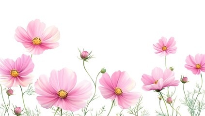Fototapeta premium Beautiful pink cosmos flowers with a watercolor painting effect on a white background,