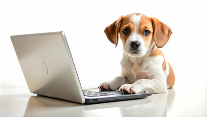 Funny puppy typing on a laptop while working remotely , remote work, freelance, working from home, dog, puppy, technology