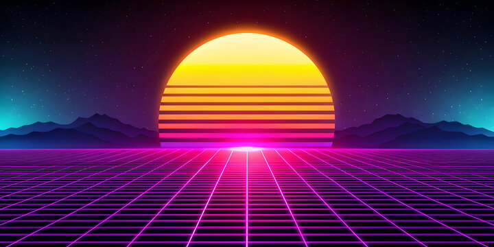 80s style striped sun setting over a synthwave landscape, sunset, sunrise, 80s, retro, vintage, arcade game, synthwave, neon