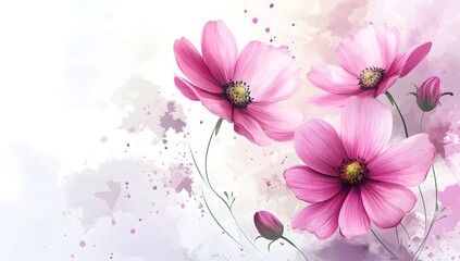 Obraz premium Beautiful pink cosmos flowers with a watercolor painting effect on a white background,