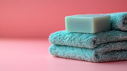 A bar of soap sits on a stack of two blue towels against a pink background.