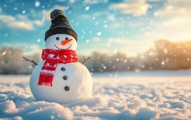 Fototapeta premium Funny snowman in stylish black hat and red scalf on snowy field. Merry Christmass and happy New Year! 