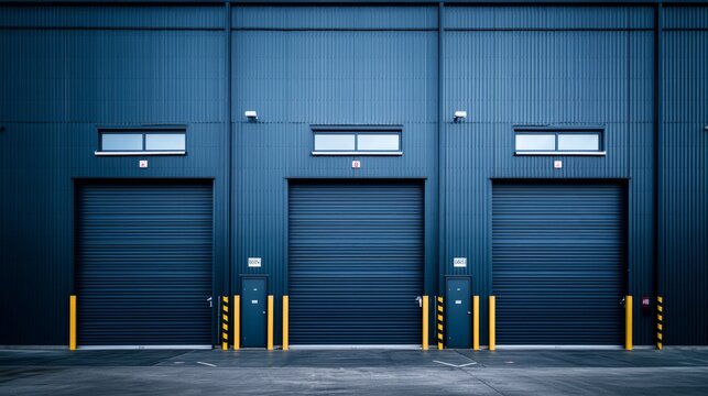 Industrial warehouse exterior with multiple loading docks