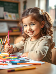 Happy school moment with first grader little girl multicolor painting a white paper. Colorful closeup portrait with paintbrush creative art and craft class at school. Cute girl drawing. Generative AI