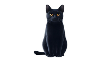 A witches black cat with glowing eyes sitting calmly isolated on a plain white background