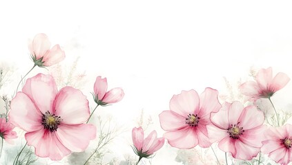 Beautiful pink cosmos flowers with a watercolor painting effect on a white background,