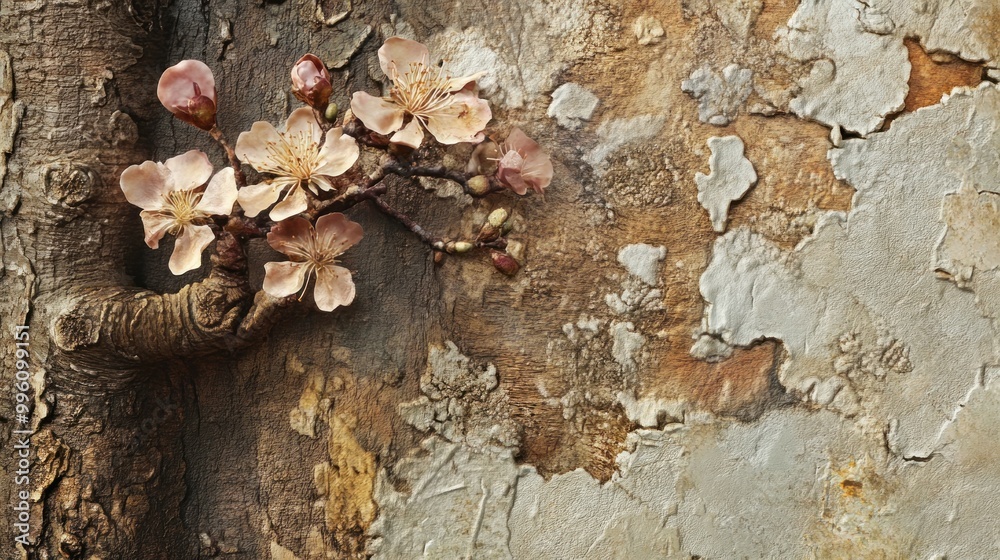 Wall mural Delicate Peach Blossoms Against Rough Bark