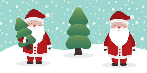 Cute Merry Christmas and happy new year greeting card with cute Santa Claus  and christmas tree. Holiday cartoon character in winter season.