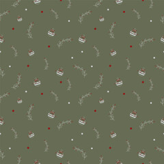 Cute Christmas pattern with mistletoe and Christmas decorations in minimalist style. Seamless printing on fabric and paper. New year.