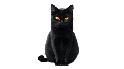 A witches black cat with glowing eyes sitting calmly isolated on a plain white background