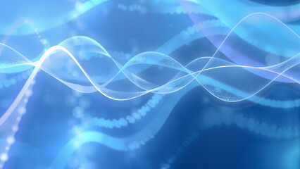 「青い背景に浮かぶ滑らかな光の波、透明感のある青と白が織りなす抽象的なデザインが、未来的で動きのあるエネルギーを感じさせるデジタルアート作品」