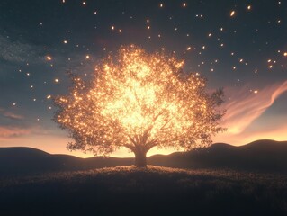 A luminous tree glows brightly against a twilight backdrop, surrounded by twinkling stars, creating a magical and enchanting atmosphere.