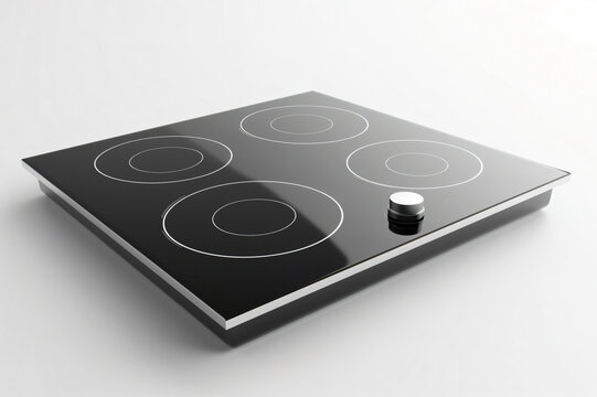 Sleek and modern black induction cooktop with four burners and a touch control panel is standing on a white background