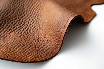 Brown piece of genuine leather is resting on a white background, showing the stitching detail