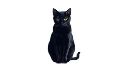 A witches black cat with glowing eyes sitting calmly isolated on a plain white background