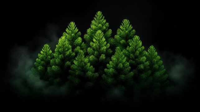 Mysterious Forest: A cluster of tall, evergreen trees stand shrouded in mist, creating an atmosphere of mystery and intrigue.