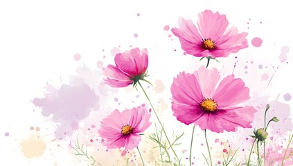 Beautiful pink cosmos flowers with a watercolor painting effect on a white background,