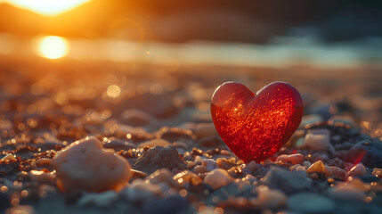 Fototapeta premium Close-Up of Red Heart-Shaped Object on Beach at Sunset, Bathed in Warm Sunlight with Gentle Waves and Pebbles, Evoking Love and Warmth in a Serene Seaside Atmosphere.