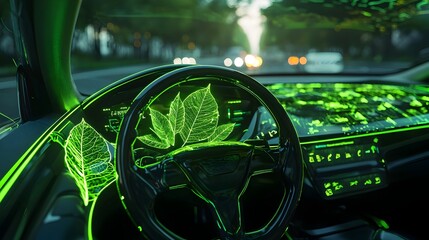 Innovative Electric Car Dashboard with Transparent Leaf-Themed Controls and Neon Green Accents