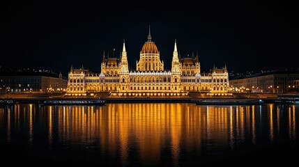 Fototapeta premium The Hungarian Parliament building illuminated at night, reflecting beautifully in the Danube River with passing boats in the foreground.