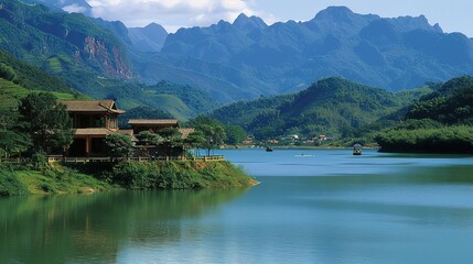 Obraz premium Stunning Tourist Scenery of Mountains and Waters: Ideal Resort Destinations. Discover Nature's Beauty and Tranquility.