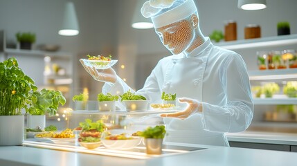 A holographic chef designing virtual meals in a high-tech kitchen, representing the future of personalized food and AI-driven culinary creativity