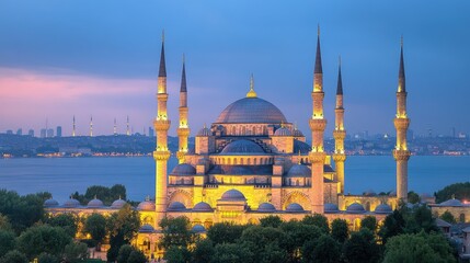 Fototapeta premium The iconic Blue Mosque bathed in golden light during the blue hour, standing majestically in Istanbuls skyline.