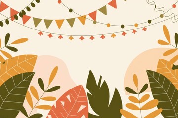 Colorful Diwali Celebration Background Illustration with Leaves and Bunting - Vibrant Festive Design for Event Marketing and Party Invitations