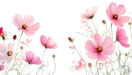 Beautiful pink cosmos flowers with a watercolor painting effect on a white background,