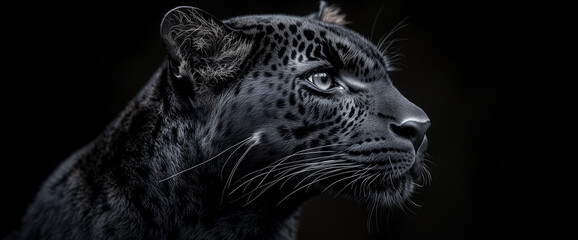 Leopard in profile on a dark background, high contrast, black and white photography