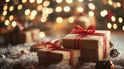 Holiday postcard with gift boxes wrapped in ribbons, twinkling garland lights in the background, creating a magical atmosphere