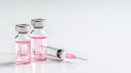 Vials and syringe with pink liquid on white isolated background.