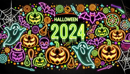 A neon-themed Halloween 2024 banner with bright, glowing elements.