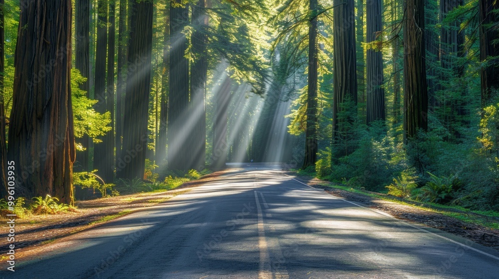 Poster a road with trees on either side and the sun shining on it