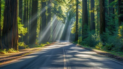 Obraz premium A road with trees on either side and the sun shining on it