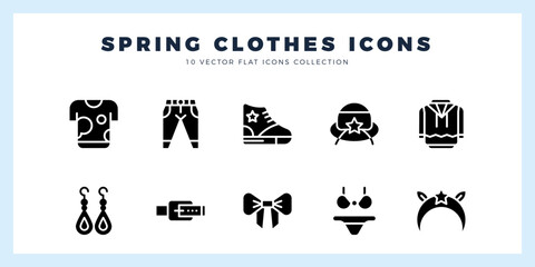 10 Spring Clothes Glyph icons pack. vector illustration.