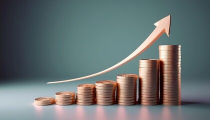 A visual representation of financial growth, showcasing stacked coins and an upward arrow, symbolizing increasing investments and profits.