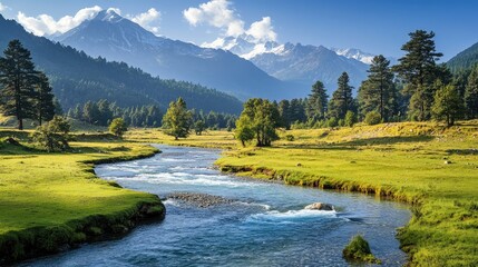 The lush meadows of Pahalgam in Kashmir, with a crystal-clear river flowing through and the majestic Himalayas in the background.