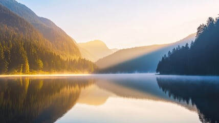 Fototapeta premium A serene landscape featuring a tranquil lake reflecting mountains and trees at sunrise, surrounded by mist and soft light.